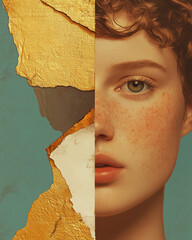 Belle epoque eternal beauty concept. Creative collage of the beautiful young woman using mix of different techniques. Close up portrait. Avant-garde postcard, poster style