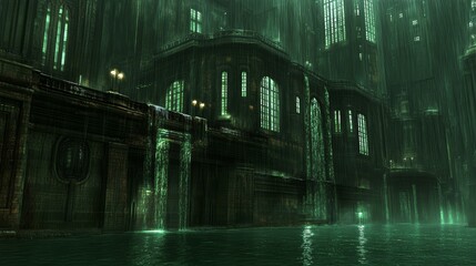 Enigmatic Cityscape Under Green Rain, Waterfalls Cascading