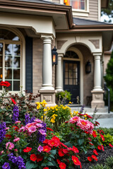Vibrant flowers blooming in front of a beautiful house. The home features classic architecture, a charming porch, and a well-maintained garden.  Perfect for real estate or home design inspiration.