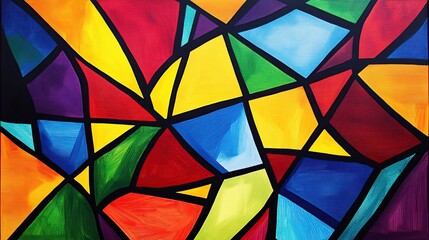 Fototapeta premium Abstract colorful stained-glass painting, vibrant shapes, dark background, art print