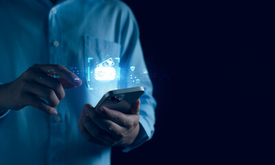 Online Payment concept, Businessman using smartphone for Digital Wallet, Transaction on Mobile...