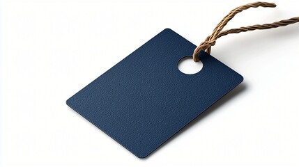 Dark Blue Rectangular Tag with Brown String on White Surface Isolated Blank Label Cardboard