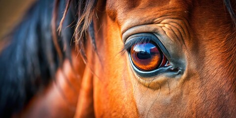 A close-up shot of a bay Arabian horse's eye with vibrant brown pupil and eyelashes framing its gaze