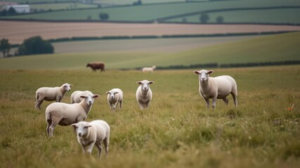 Fototapeta premium Lush green fields dotted with fluffy sheep peacefully grazing under a clear blue sky, animals, nature