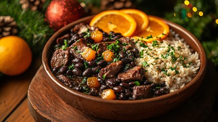 Feijoada Dish with Slices of Orange Garnish Served in Bowl with Festive Background Ambiance.