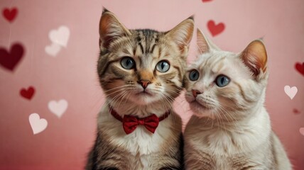 Two cats in a pair with cute faces. Valentine's Day greeting card. Happy Valentine's Day