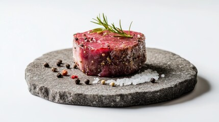Raw beef steak, rosemary, salt, pepper, stone plate