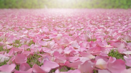 Gentle Spiral of Fallen Rose Petals on Soft Green Grass