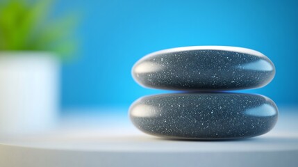 Serene dark grey stones delicately balanced soft blue light background. AI Generated