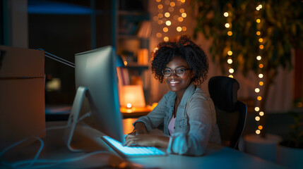 African American female smiling while checking data and statistic charts using desktop computer. 