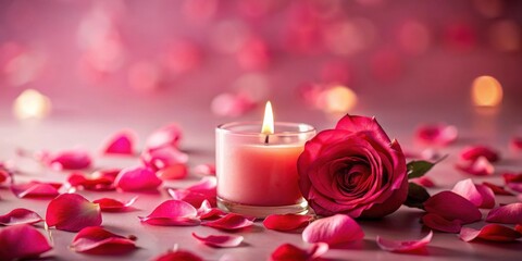 Soft Focus Pink Background With Falling Red Rose Petals Surrounding Candlelight, rose, candlelight