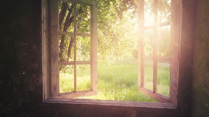 Dreamy Light Through Open Window Overlooking Orchard Landscape