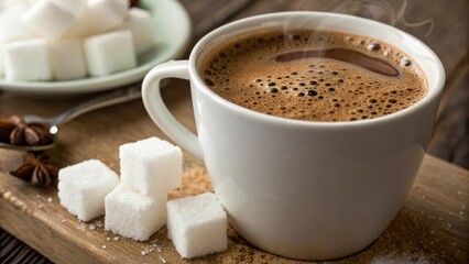 Aromatic Coffee in a White Mug with Sugar Cubes and Star Anise on Wooden Surface