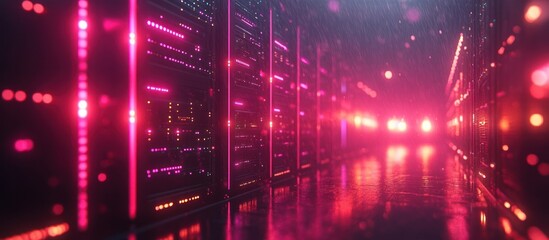 Obraz premium Neon-lit server room corridor reflecting on wet floor.