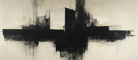 Abstract monochrome cityscape painting.