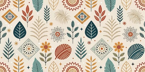 A captivating seamless pattern featuring an array of stylized floral and geometric elements in an autumnal palette