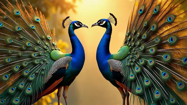 Vibrant peacocks spread their magnificent feathers in a forest setting