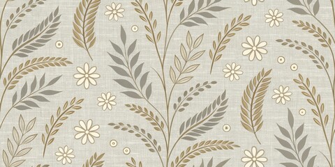Elegant Neutral Floral Botanical Seamless Pattern Design Featuring Delicate Branches and Daisies on a Linen Texture Background