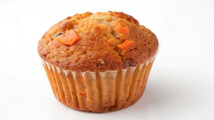 A delicious single serving of a golden-brown baked muffin with visible fruit pieces