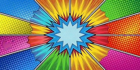 Fototapeta premium Colorful comic book strip style art with bold graphics and vibrant colors against a radial backdrop, bold lines, comic book pop art