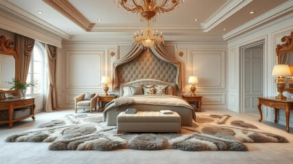 Opulent master bedroom with a gold-accented reading nook and plush area rugs, opulent, luxurious