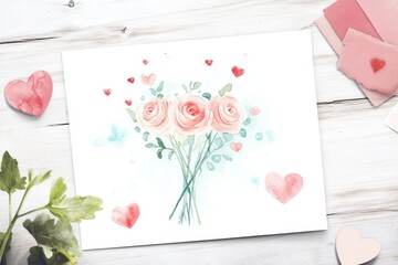 Beautiful watercolor illustration of delicate pink roses surrounded by hearts, creating a romantic and charming atmosphere for any occasion.