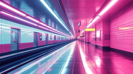 Modern subway station with glossy floors, vibrant neon signage, and motion blur from trains speeding through the platform