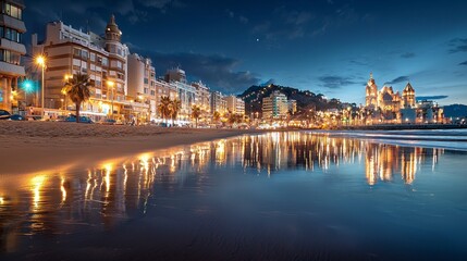 Fototapeta premium Serene Coastal City at Twilight: Buildings Illuminated, Reflections on Wet Sand, Calm Ocean Waves