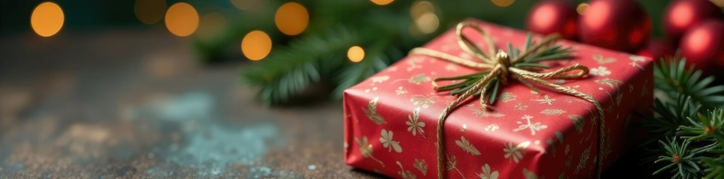 Christmas gift wrapped in paper and tied with twine, holiday, packaging