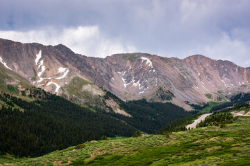 Naklejka premium Loveland Pass is a high mountain pass in north-central Colorado, at an elevation of 11,990 feet above sea level in the Rocky Mountains of the Western United States.
