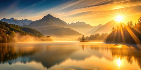 Golden rays of sunlight filtering through a misty mountain range at sunset with a serene lake in the foreground, warm glow, serene lake