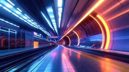 Wide-angle view of a modern subway station, sleek lines, motion blur from trains, and neon lights illuminating the space