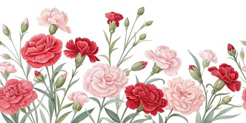 A Delicate Watercolor Painting of Pink and Red Carnations in Full Bloom