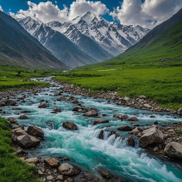 breathtaking image of Naran Valley emerald green meadow cascading waterfall snowcapped peak of Himalayas Khyber Pakhtunkhwa valley's pristine beauty serene atmosphere make paradise nature