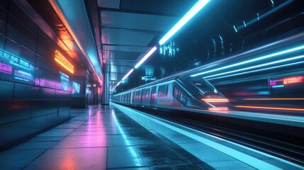 A futuristic subway station with clean lines, motion blur of fast-moving trains, and bright neon signs lighting the platform