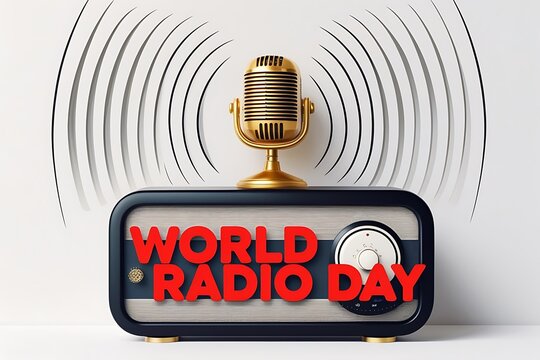 World Radio Day written in bold typography with Minimalist flat design of a classic radio with a golden microphone, with clean sound waves