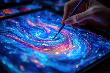 Obraz premium Digital Artist Creating Vibrant Surrealism Artwork on Tablet with Ethereal Lighting and Colorful Paint Splashes