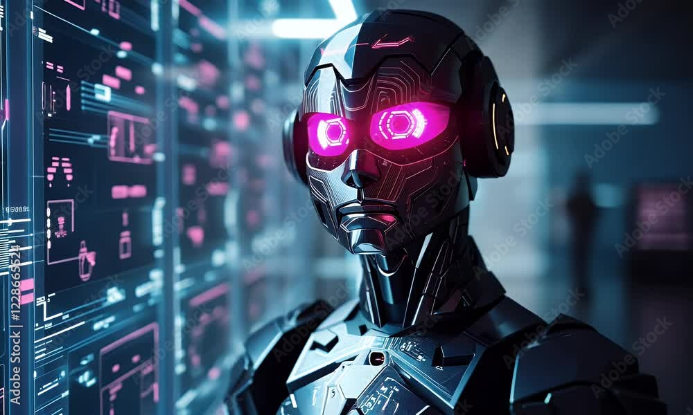 Poster Futuristic Robot Analyzing Data in Tech Lab