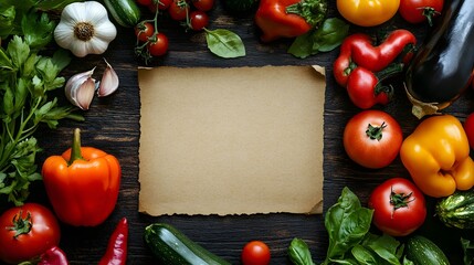 fresh vegetables and herbs on rustic wooden background