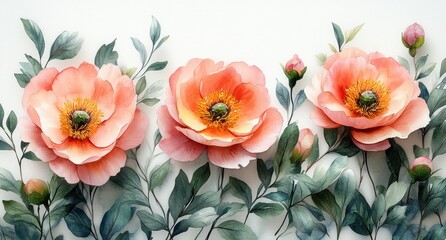 Obraz premium Watercolor Floral Arrangement Soft Pink Peonies Leaves Elegant Romantic Illustration
