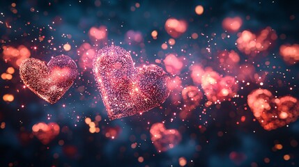 Sparkling Heart Shapes Against Dark Backdrop Ideal For Romantic Celebrations And Love Themes.