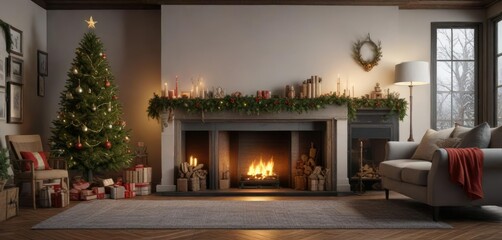 Living room with fireplace and Christmas decorations , holiday, mantel