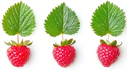 Three raspberries with leaves, white background, food photography, recipe ingredient