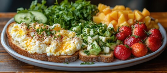 Scrambled eggs, avocado toast, mango, strawberries, and greens on a plate.