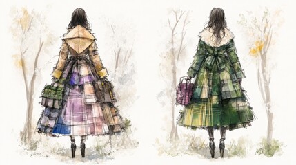 Fototapeta premium Fashion Illustration Autumnal Patchwork Coats