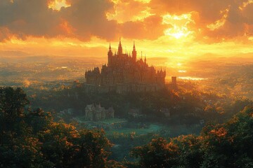 Naklejka premium Aerial View of Ancient Castle Surrounded by Lush Greenery at Sunset