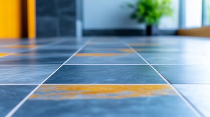 Modern blue tile floor gleams softly under bright indoor light. AI Generated