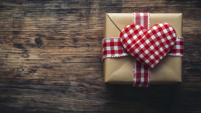 rustic valentine's day gift wrapped in kraft paper with red ging