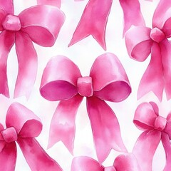 Watercolor Pattern of Pink Ribbons Bows on White Background Soft Pastel Colors Hand Drawn Illustration Decorative Fabric Textile