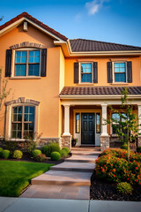 Dream House Exterior: Modern Home Design with Landscaped Garden and Walkway